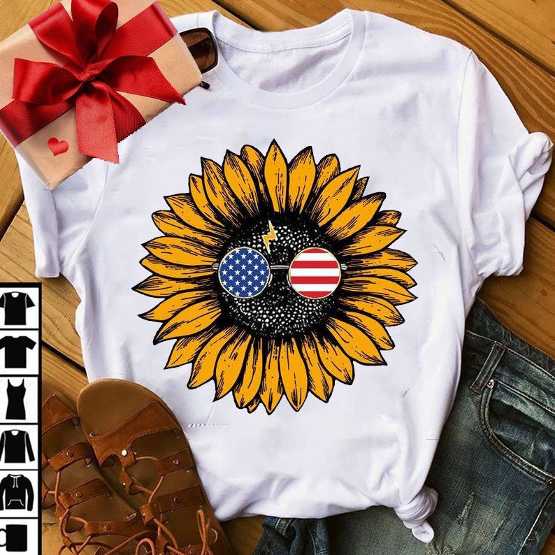 Women's America Sunflower T-Shirt 4th July Shirt Boho America Shirts