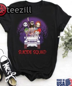 Halloween Horror Characters drive Jeep Suicide squad shirt