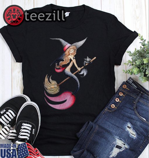 Halloween Witch Mermaid Is Riding A Broom WIth Her Cat Women's Shirt