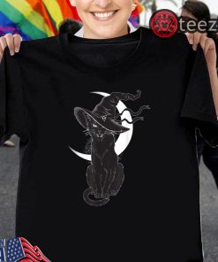 Black cat costume witch hat and moon shirt Halloween 2019