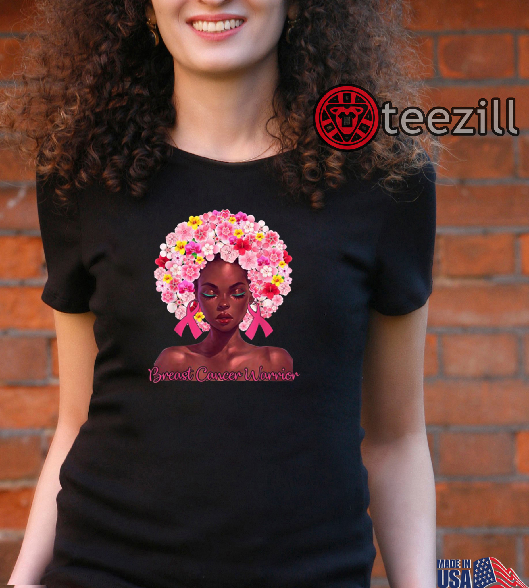 Pink Flowers Afro Hair Black Woman Breast Cancer Warrior T-Shirt - TeeZill