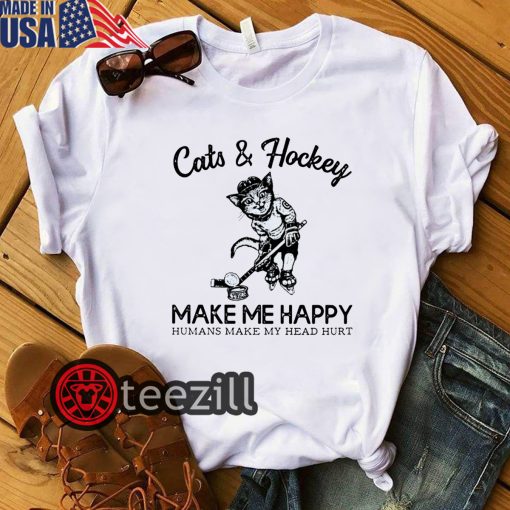 Cats & hockey make me happy humans make my head hurt tshirt