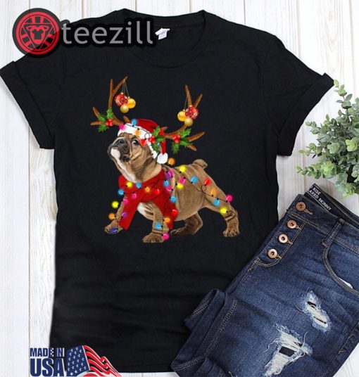 Santa bulldog gorgeous reindeer christmas lights t-shirt