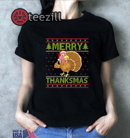 Thanksmas Ugly Xmas Shirt Thanksgiving Turkey Merry Tshirt