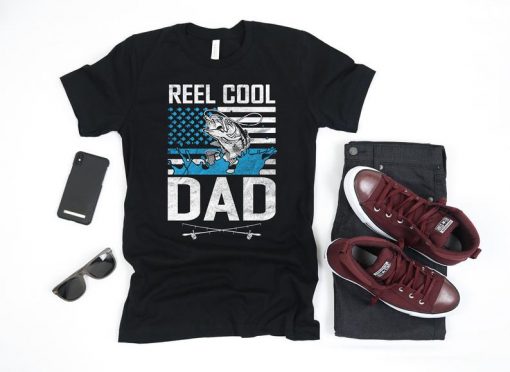 Reel Cool Dad Fisherman Fathers Day American Flag USA Shirt