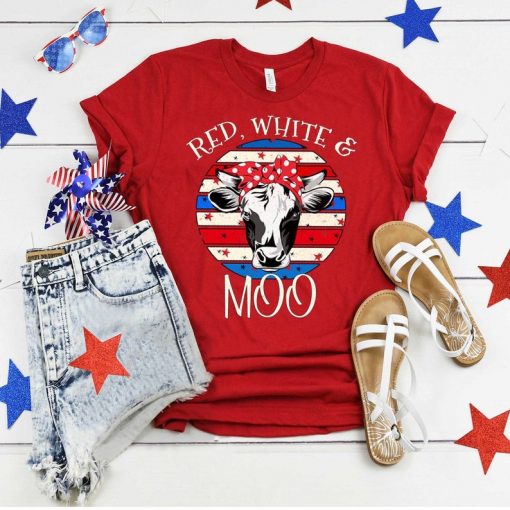4th July Shirt, American Flag, Heifer shirt, USA Flag, Patritioc Cow shirt, Cow with bandana, Cow Lovers shirt, Red White and Moo, Funny Cow