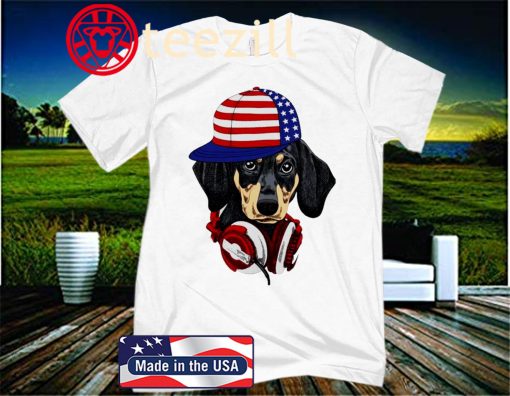 Dachshund With American Flag Hat And Headphone T-Shirt