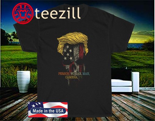 Person, woman, man, camera, TV Funny Trump Skull Orange Hair America Flag Tee Shirt