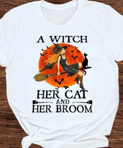 Her Cat And Her Broom Blood Moon Halloween Shirt