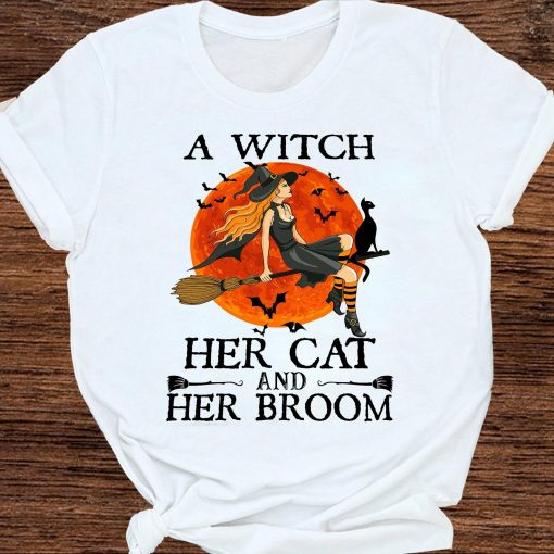 Her Cat And Her Broom Blood Moon Halloween Shirt