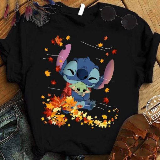Baby Stitch Hug Baby Yoda Autumn Leaves Classic TShirt