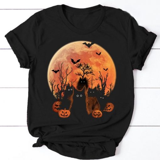 Black Cat Fluffy Cat Blood Moon Halloween T-shirt
