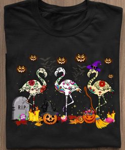 Flamingos In Costume Pumpkins Witch Grave Halloween Happy Shirt