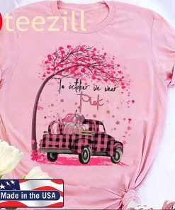 In October We Wear Pink Pumpkin Truck Under Tree Breast Cancer Awareness T-shirt