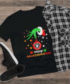 Grinch holding las vegas raiders logo happy hallothanksmas halloween thanksgiving christmas shirt