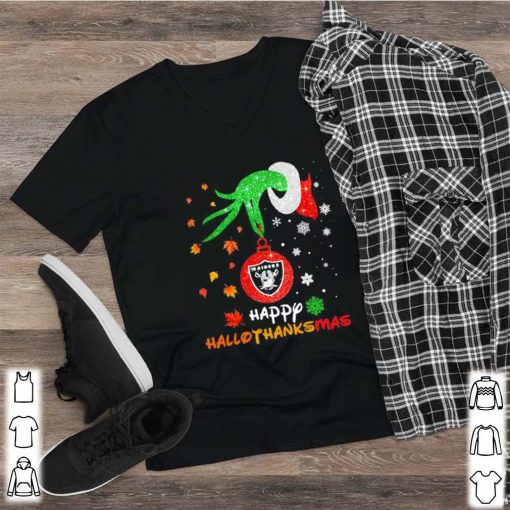 Grinch holding las vegas raiders logo happy hallothanksmas halloween thanksgiving christmas shirt