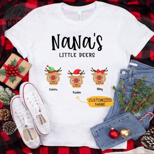Personalized Nana's Little Deers T-Shirt, Customized Grandkid Name, Christmas Deers, Gift For Nana, Chistmas Gift