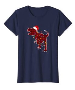 Red Plaid Dinosaur T Rex Christmas Lights Pajamas Adult Kids Gift Shirt