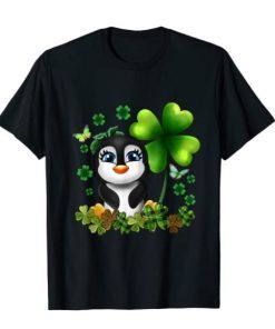 St Patricks Day Penguin Girls Kids Green Shamrock T-Shirt