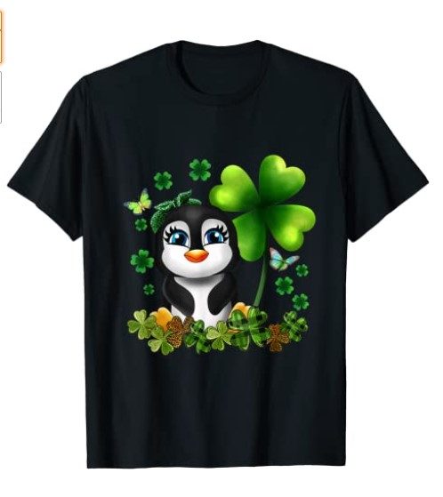 St Patricks Day Penguin Girls Kids Green Shamrock T-Shirt