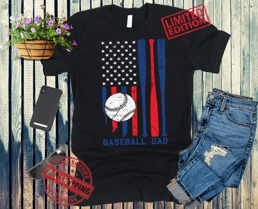 Baseball Dad American Flag T-Shirt USA Patriotic Fathers Day Gift