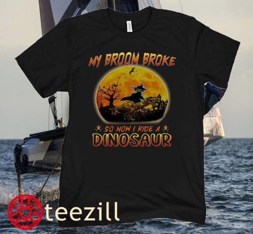 My Broom Broke So Now I Ride A Dinosaur Halloween Tee Shirt