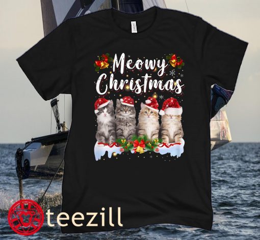 Cat Meowy Family Matching Christmas Pajamas Santa Cats Xmas Young Kids T-Shirt