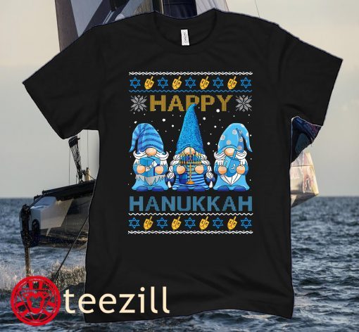 Happy Hanukkah Ugly Christmas Gnome Gnomies Menorah Dreidel Young Women's Shirt