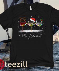 Merry Christmas Shirt, Wine Glass Santa Hat Shirt, Christmas Party Leopard Plaid Reindeer Shirt