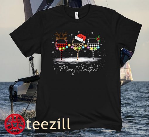Merry Christmas Shirt, Wine Glass Santa Hat Shirt, Christmas Party Leopard Plaid Reindeer Shirt