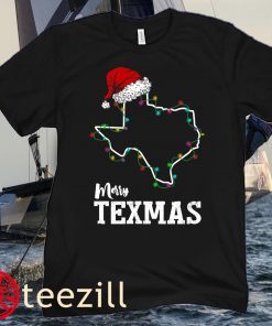 Merry Texmas Hoodies T-Shirts, Texas State Shirt, Christmas Light Outline Santa Hat Shirts