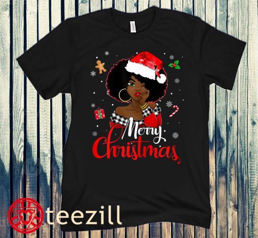Black African Girl American Melanin Christmas Santa Hat Xmas Tee Shirt