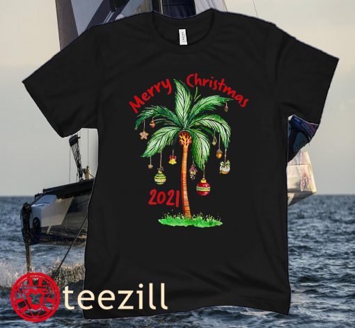 Merry Christmas 2021 Palm Tree Ornament Tropical Christmas Boy Kids Tee Shirt