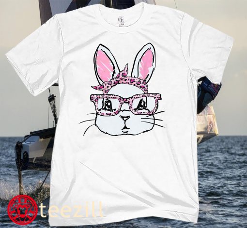 Top Bunny Face Leopard Glasses Headband Happy Easter Day T-Shirt