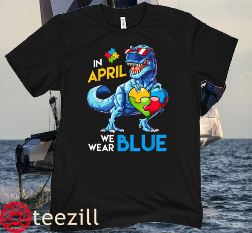 Autism Awareness Trex Dinosaurus Wear Blue Boy Tee Shirt
