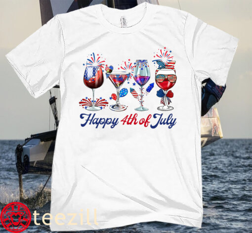Happy 4th of July Wine Glasses T-Shirt,4th of July Wine Tee, Wine USA Flag Shirt