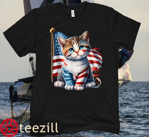 Memorial Day, 4th Of July Patriotic America Flag Cat Tee Shirt