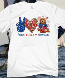 Peace Love Funny Dog Patriotic America Flag 4th July Tee Shirts