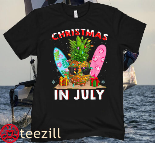 Pineapple Surf Santa Summer Tree Christmas In July T-Shirt
