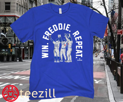 Win. Freddie. Repeat. LA Baseball Tee Shirt - MOOKIE BETTS, JAMES OUTMAN, & KIKÉ HERNANDEZ