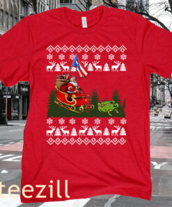America Santa Claus With Coqui Frog Ugly Xmas Tee Shirt