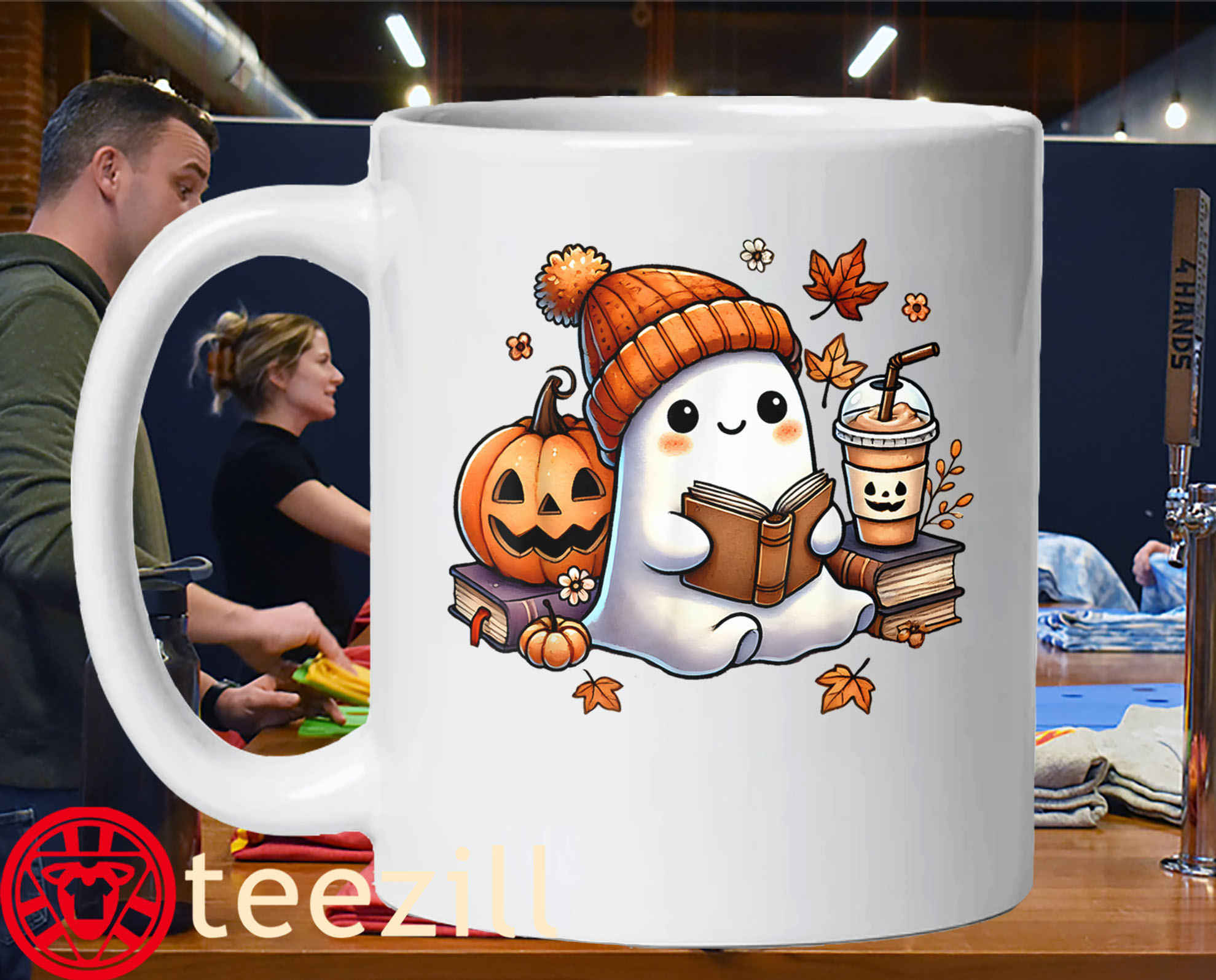 The Cute Ghost Reading Book Lovers Halloween Ghost Coffee Tee Shirt - Image 4
