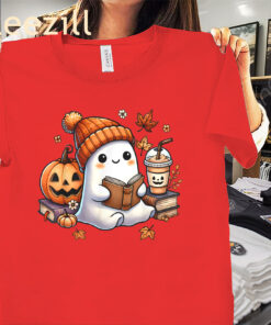 The Cute Ghost Reading Book Lovers Halloween Ghost Coffee Tee Shirt