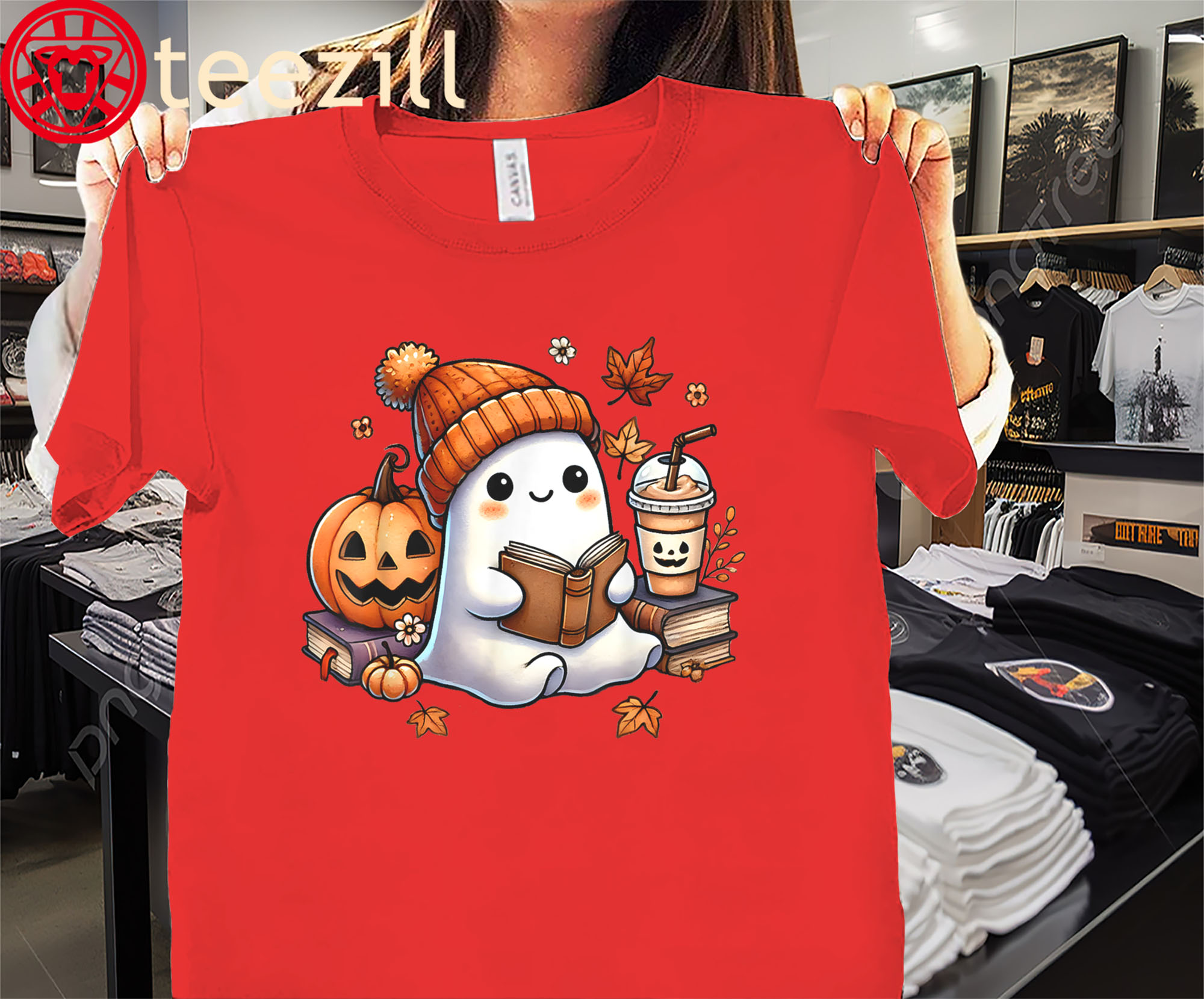 The Cute Ghost Reading Book Lovers Halloween Ghost Coffee Tee Shirt