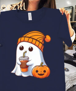 The Halloween Costume Ghost Drinking Coffee Pumpkin Tee Shirt