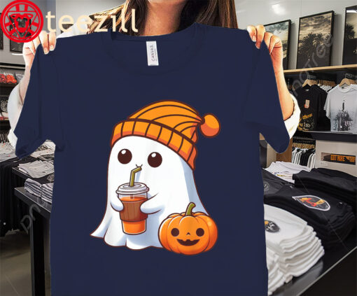 The Halloween Costume Ghost Drinking Coffee Pumpkin Tee Shirt