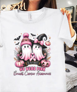 The In October We Wear Pink Ghost Halloween Awareness Tee Shirt