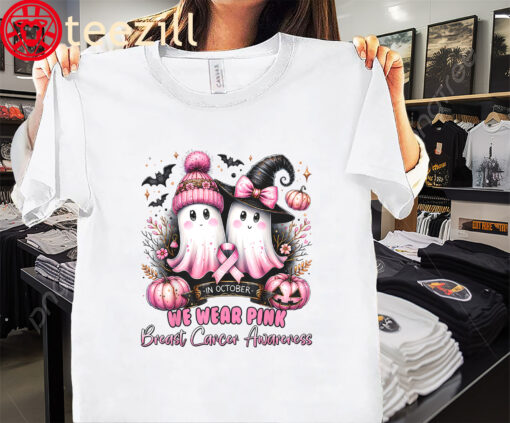 The In October We Wear Pink Ghost Halloween Awareness Tee Shirt