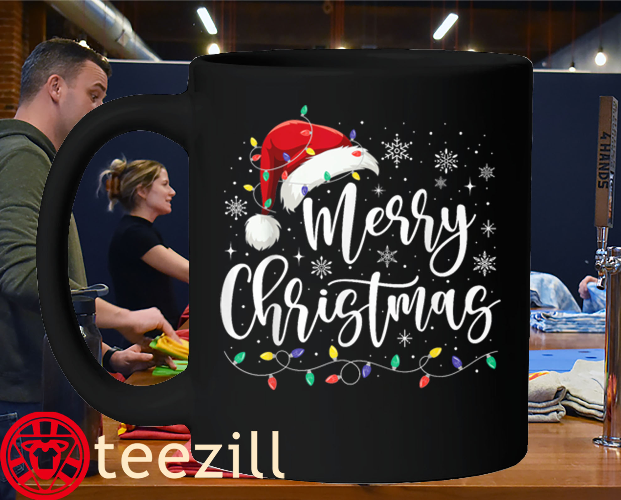 Family Men Women Merry Christmas Lights Red Santa Hat Xmas Shirt - Image 4