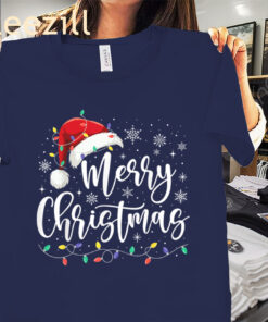 Family Men Women Merry Christmas Lights Red Santa Hat Xmas Shirt